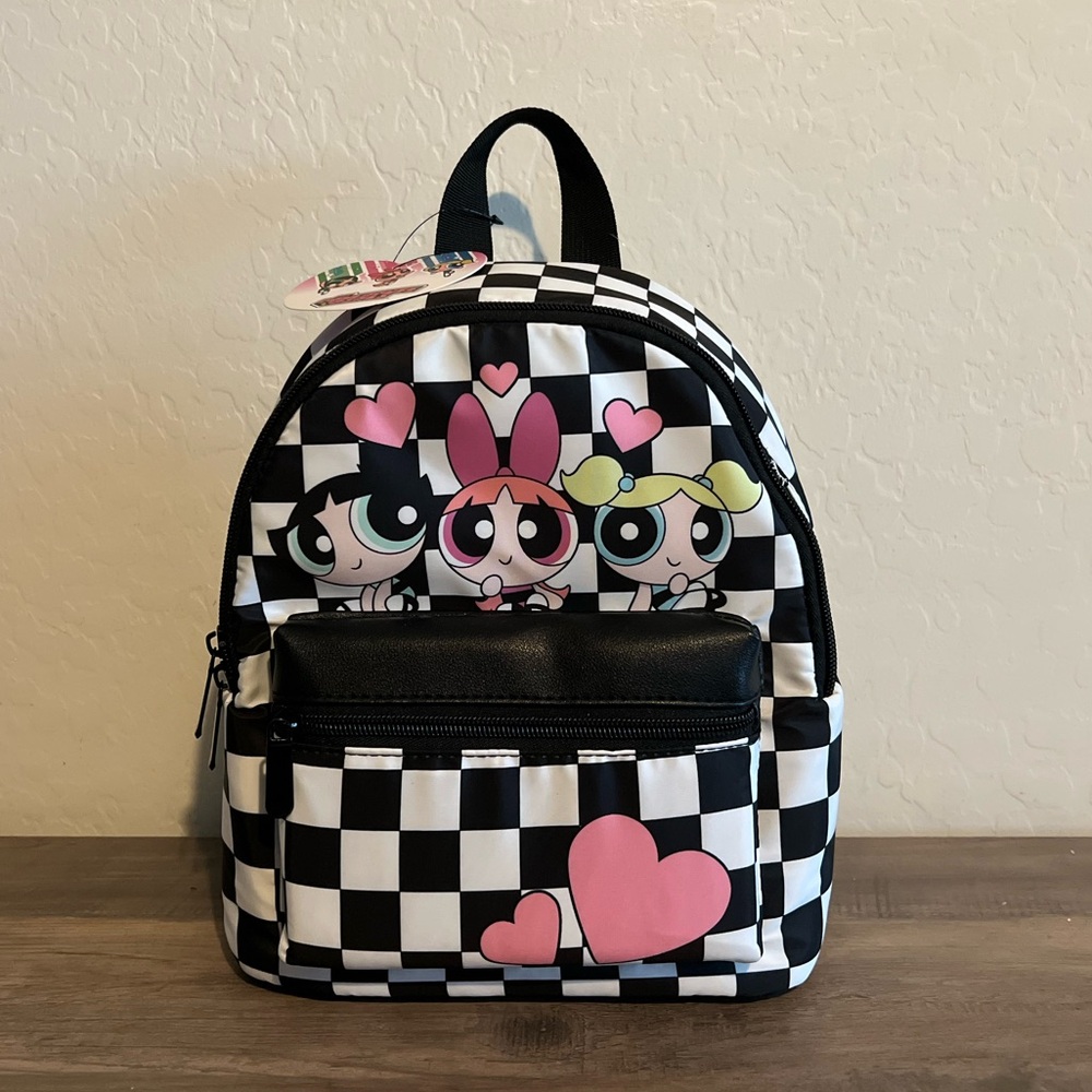 Power Puff Girls Black & White Checkered Backpack w/ Pink Hearts Valentines Day
